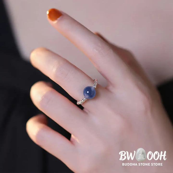 Buddha Stones 925 Sterling Silver Blue Candy Agate Healing Bead Ring - BWOOOH - Inner Diameter 1.7cm(Elastic