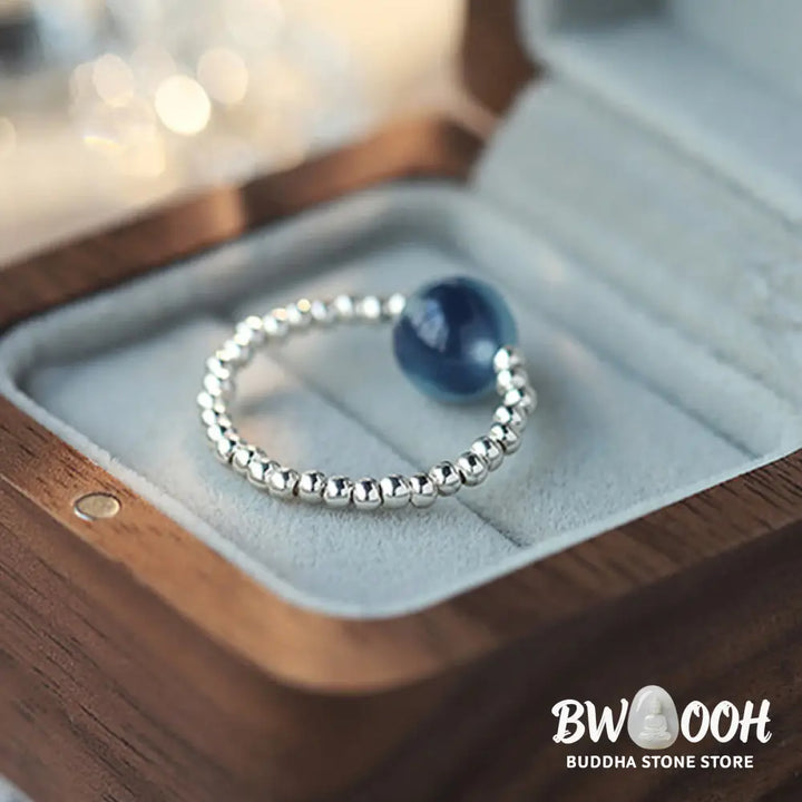 Buddha Stones 925 Sterling Silver Blue Candy Agate Healing Bead Ring - BWOOOH - Inner Diameter 1.7cm(Elastic