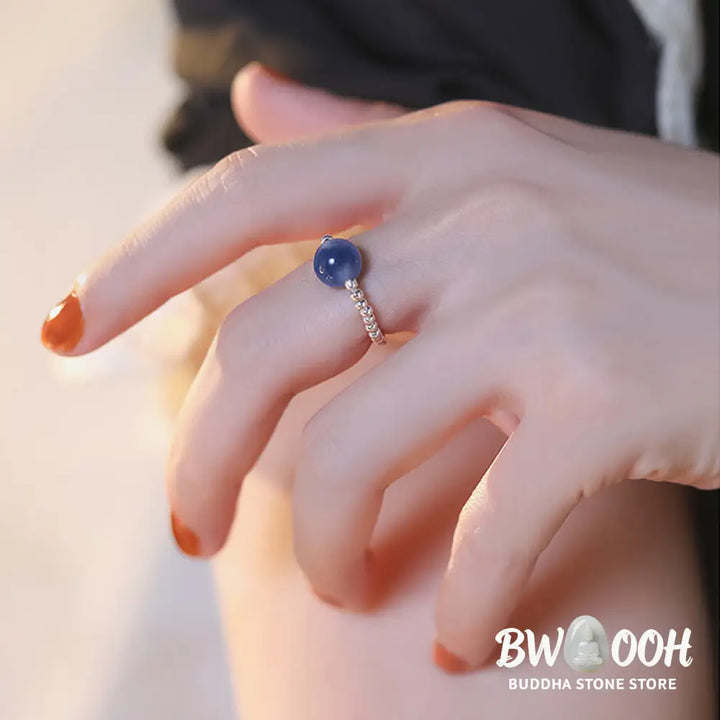 Buddha Stones 925 Sterling Silver Blue Candy Agate Healing Bead Ring - BWOOOH - Inner Diameter 1.7cm(Elastic