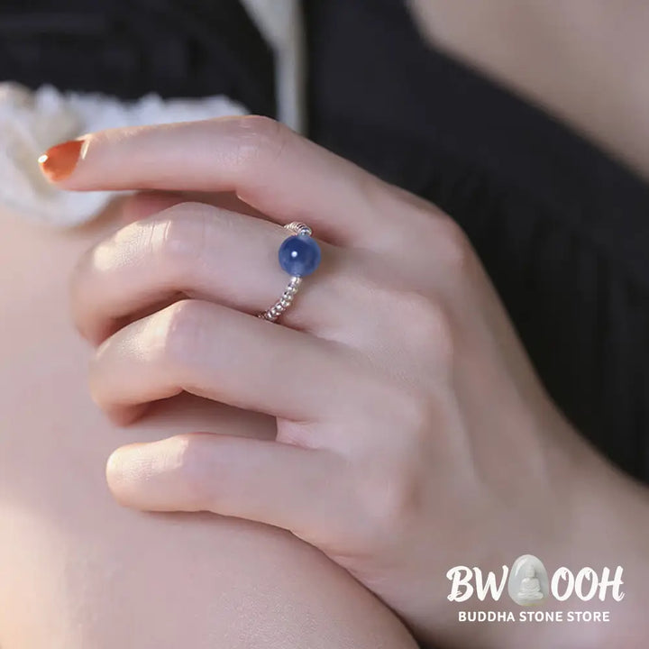 Buddha Stones 925 Sterling Silver Blue Candy Agate Healing Bead Ring - BWOOOH - Inner Diameter 1.7cm(Elastic
