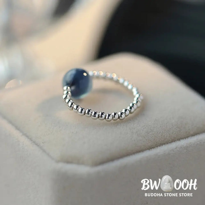 Buddha Stones 925 Sterling Silver Blue Candy Agate Healing Bead Ring - BWOOOH - Inner Diameter 1.7cm(Elastic