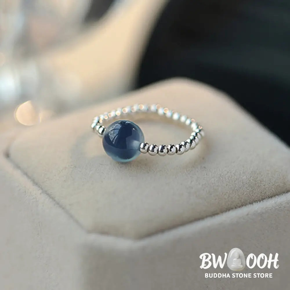 Buddha Stones 925 Sterling Silver Blue Candy Agate Healing Bead Ring - BWOOOH - Inner Diameter 1.7cm(Elastic