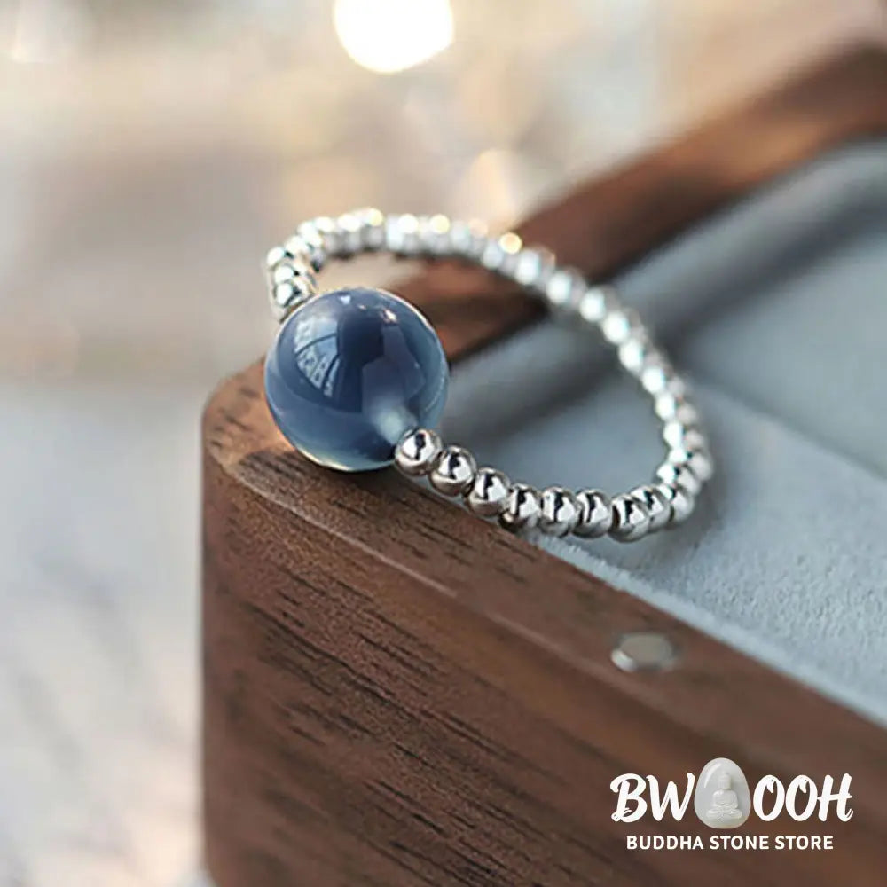 Buddha Stones 925 Sterling Silver Blue Candy Agate Healing Bead Ring - BWOOOH - Inner Diameter 1.7cm(Elastic