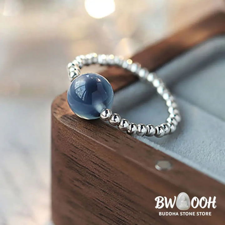 Buddha Stones 925 Sterling Silver Blue Candy Agate Healing Bead Ring - BWOOOH - Inner Diameter 1.7cm(Elastic