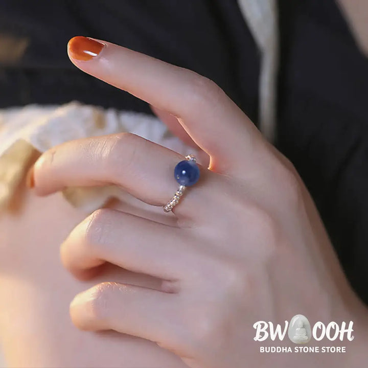 Buddha Stones 925 Sterling Silver Blue Candy Agate Healing Bead Ring - BWOOOH - Inner Diameter 1.7cm(Elastic