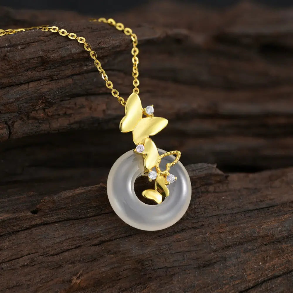 Buddha Stones 925 Sterling Silver Butterfly Chalcedony Peace Buckle Blessing Necklace Pendant - BWOOOH featuring Drolma-inspired design elements for meditation and mindfulness.