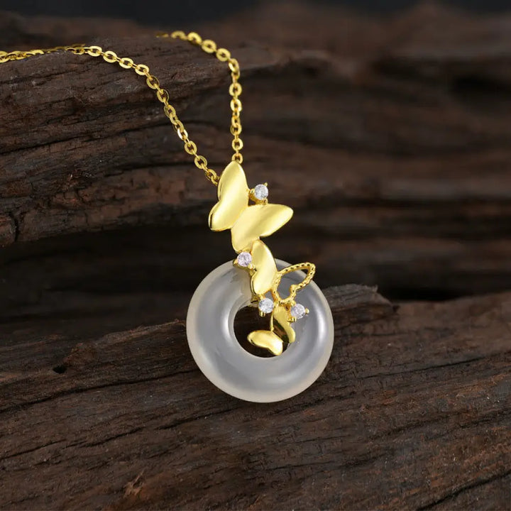 Buddha Stones 925 Sterling Silver Butterfly Chalcedony Peace Buckle Blessing Necklace Pendant - BWOOOH featuring Drolma-inspired design elements for meditation and mindfulness.