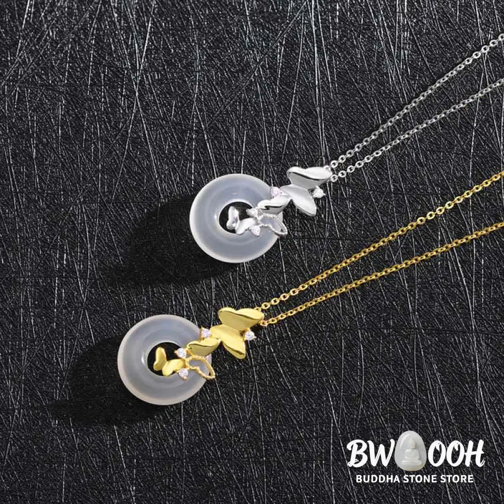 Buddha Stones 925 Sterling Silver Butterfly Chalcedony Peace Buckle Blessing Luck Necklace Pendant - BWOOOH - Necklaces