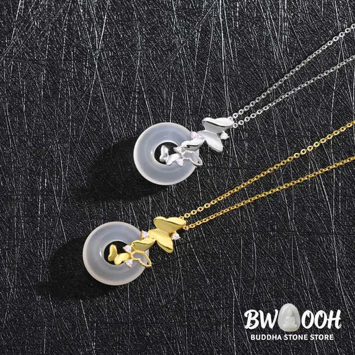 Buddha Stones 925 Sterling Silver Butterfly Chalcedony Peace Buckle Blessing Luck Necklace Pendant - BWOOOH - Necklaces
