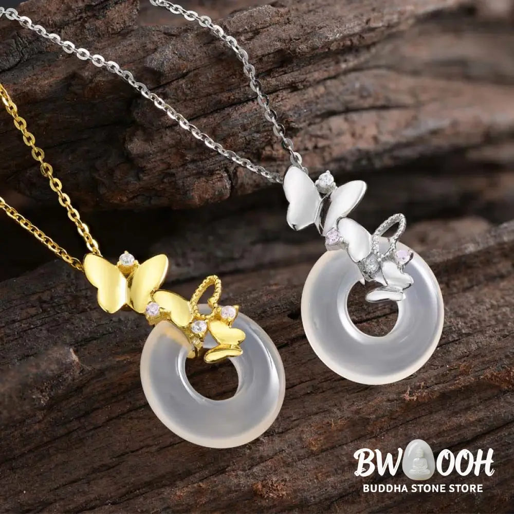 Buddha Stones 925 Sterling Silver Butterfly Chalcedony Peace Buckle Blessing Luck Necklace Pendant - BWOOOH - Necklaces