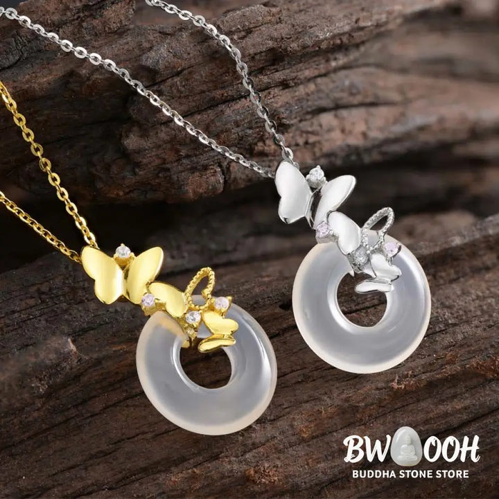 Buddha Stones 925 Sterling Silver Butterfly Chalcedony Peace Buckle Blessing Luck Necklace Pendant - BWOOOH - Necklaces