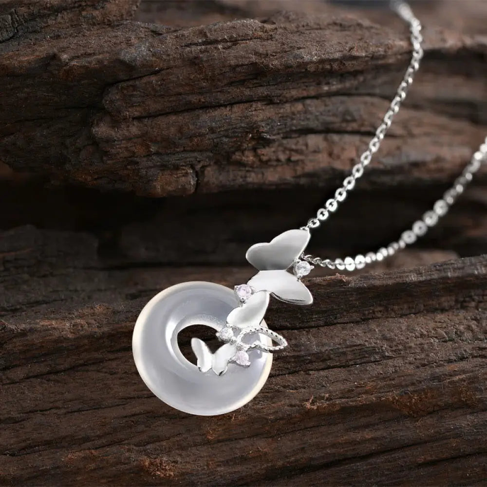 Buddha Stones 925 Sterling Silver Butterfly Chalcedony Peace Buckle Blessing Luck Necklace Pendant - BWOOOH