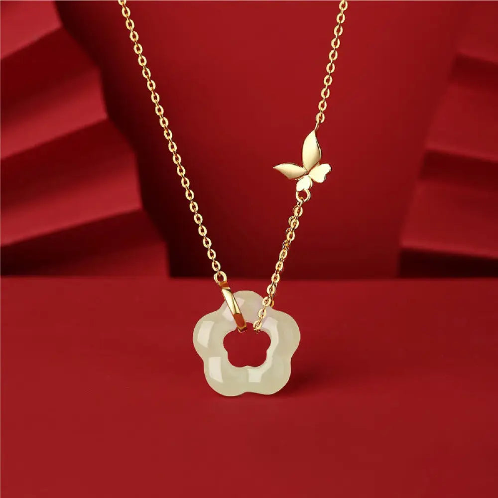 Buddha Stones 925 Sterling Silver Butterfly Hetian Jade Flower Blessing Necklace Pendant - BWOOOH - 22k Gold Plated