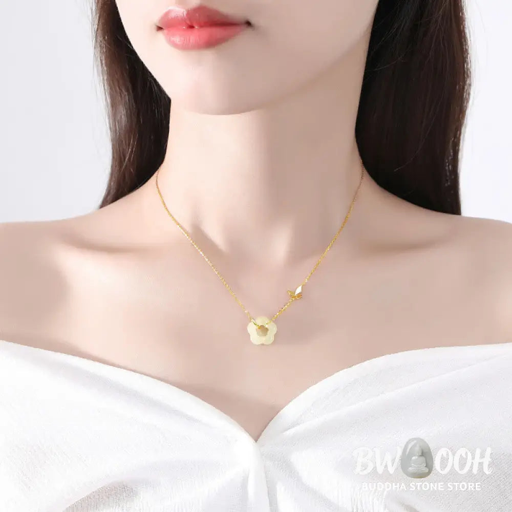Buddha Stones 925 Sterling Silver Butterfly Hetian Jade Flower Blessing Necklace Pendant - BWOOOH - Necklaces &amp; Pendants