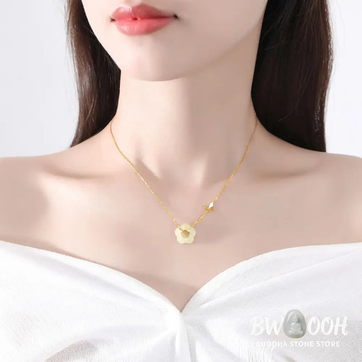 Buddha Stones 925 Sterling Silver Butterfly Hetian Jade Flower Blessing Necklace Pendant - BWOOOH - Necklaces &amp; Pendants