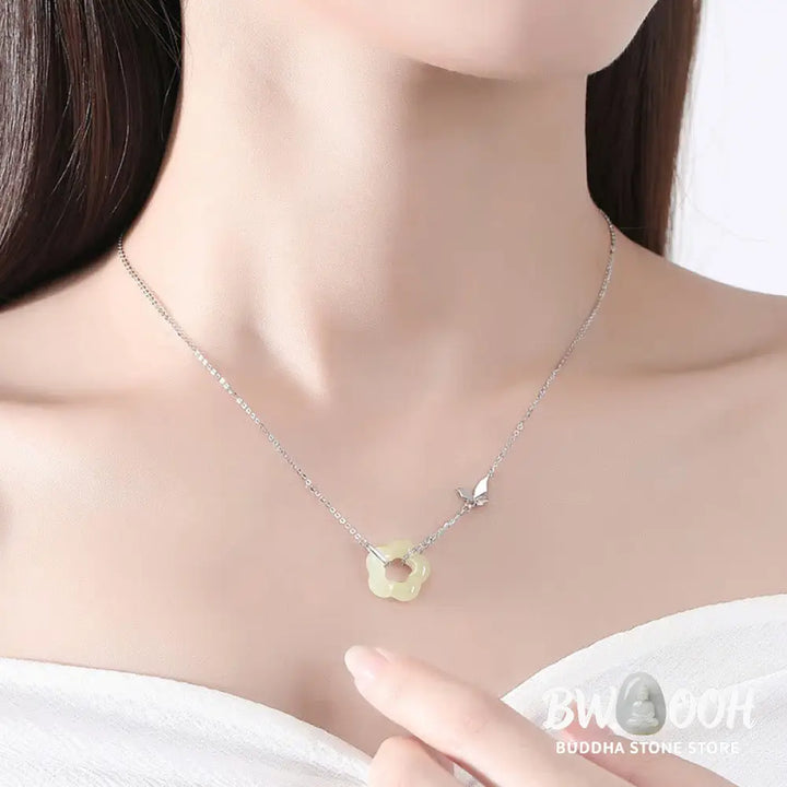 Buddha Stones 925 Sterling Silver Butterfly Hetian Jade Flower Blessing Necklace Pendant - BWOOOH - Necklaces &amp; Pendants
