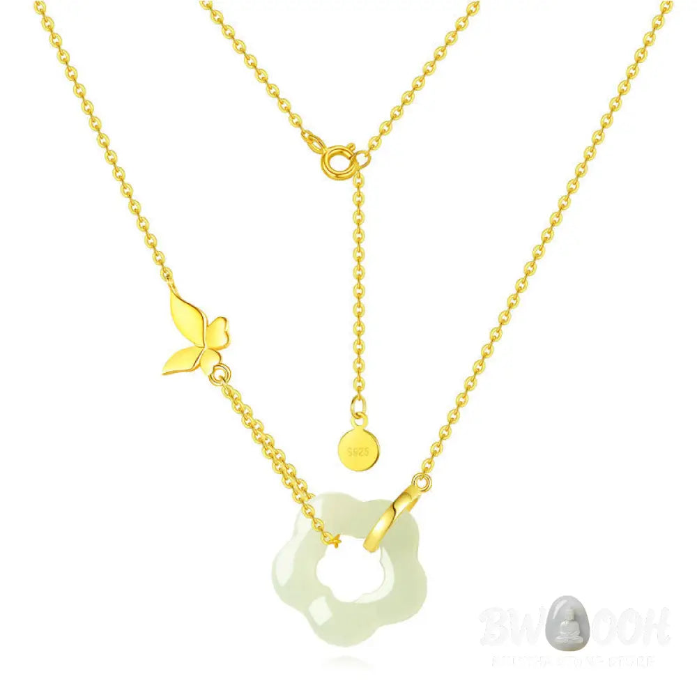 Buddha Stones 925 Sterling Silver Butterfly Hetian Jade Flower Blessing Necklace Pendant - BWOOOH - Necklaces &amp; Pendants