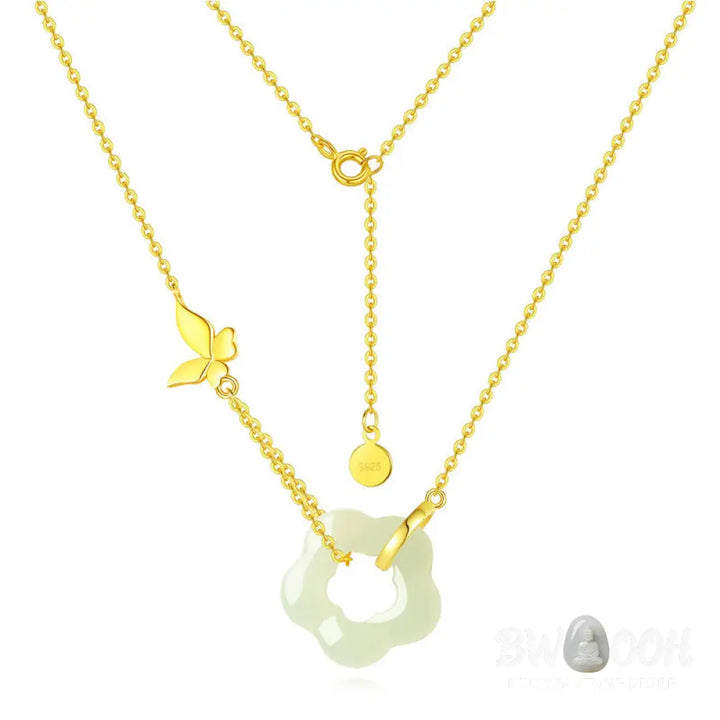 Buddha Stones 925 Sterling Silver Butterfly Hetian Jade Flower Blessing Necklace Pendant - BWOOOH - Necklaces &amp; Pendants