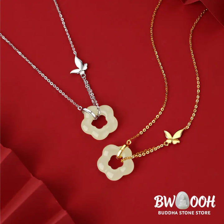 Buddha Stones 925 Sterling Silver Butterfly Hetian Jade Flower Blessing Necklace Pendant - BWOOOH - Necklaces &amp; Pendants