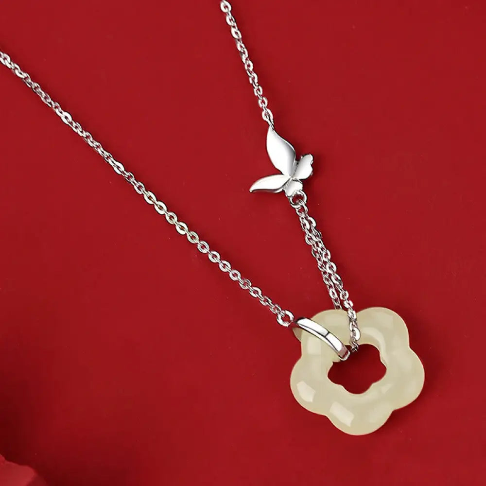 Buddha Stones 925 Sterling Silver Butterfly Hetian Jade Flower Blessing Necklace Pendant - BWOOOH - White Gold