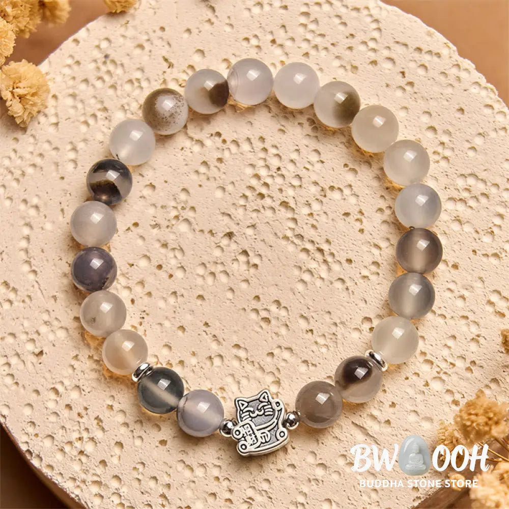 Buddha Stones 925 Sterling Silver Calico Cat Natural Agate Stone Protection Bracelet - Calico Cat(Wrist Circumference