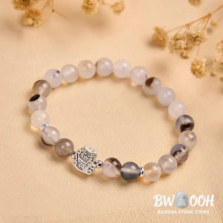 Buddha Stones 925 Sterling Silver Calico Cat Natural Agate Stone Protection Bracelet - Calico Cat(Wrist Circumference