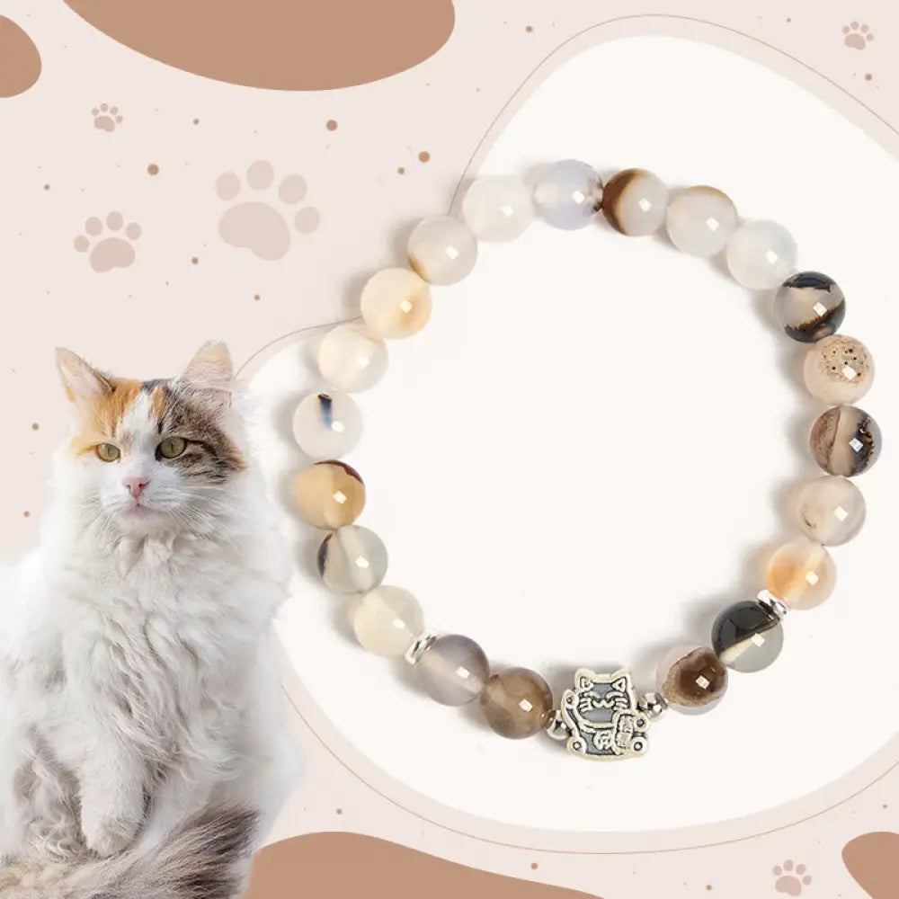 Buddha Stones 925 Sterling Silver Calico Cat Natural Agate Stone Protection Bracelet - Calico Cat(Wrist Circumference