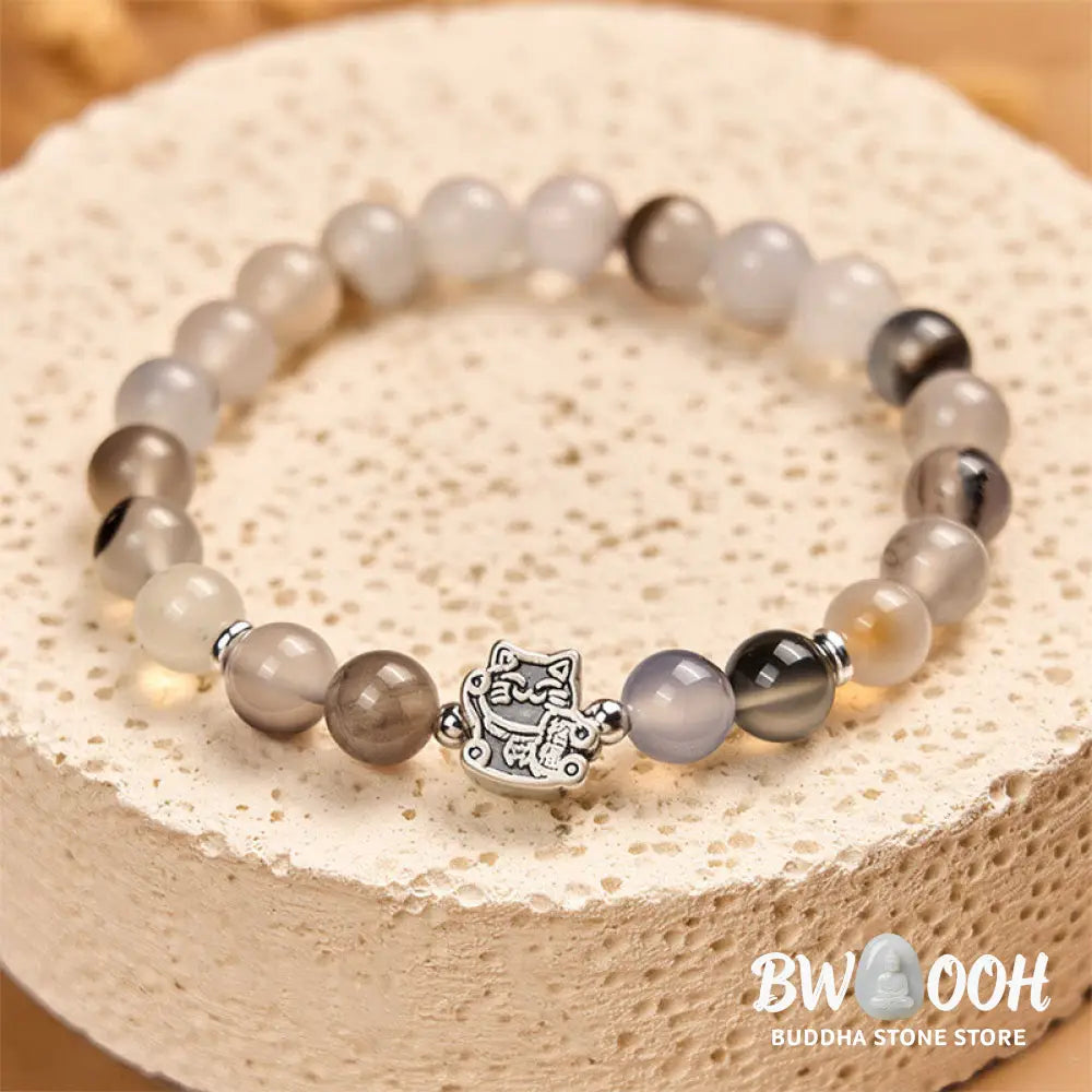 Buddha Stones 925 Sterling Silver Calico Cat Natural Agate Stone Protection Bracelet - Calico Cat(Wrist Circumference