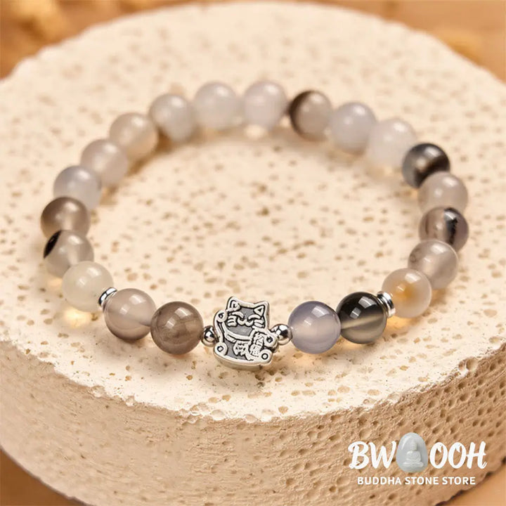 Buddha Stones 925 Sterling Silver Calico Cat Natural Agate Stone Protection Bracelet - Calico Cat(Wrist Circumference