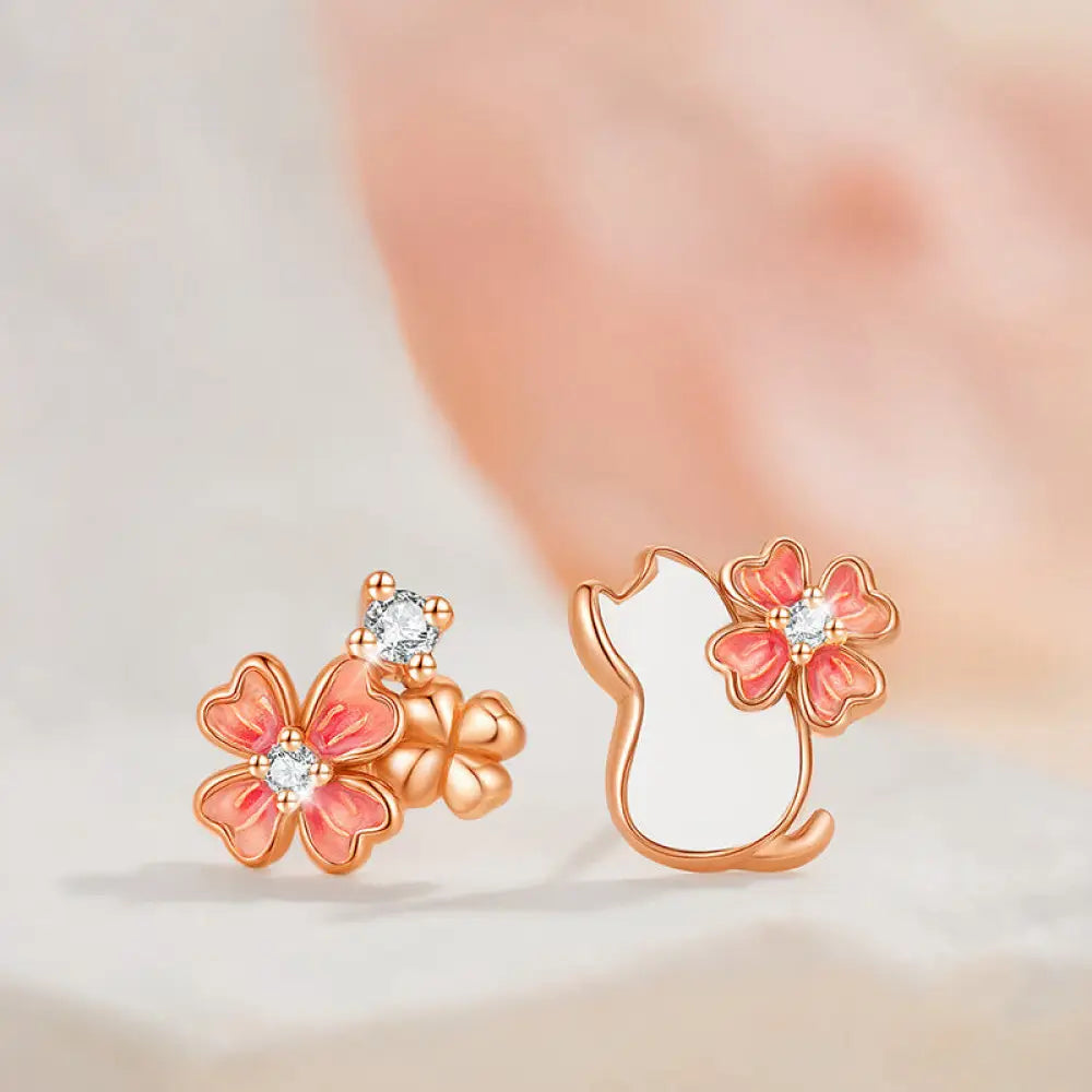Buddha Stones 925 Sterling Silver Cat Flower Blessing Earrings Bracelet Necklace Pendant - BWOOOH - 925 Sterling Silver