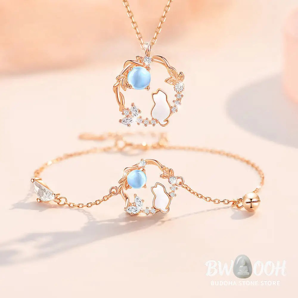 Buddha Stones 925 Sterling Silver Cat Flower Blessing Earrings Bracelet Necklace Pendant - BWOOOH - Bracelet Necklaces
