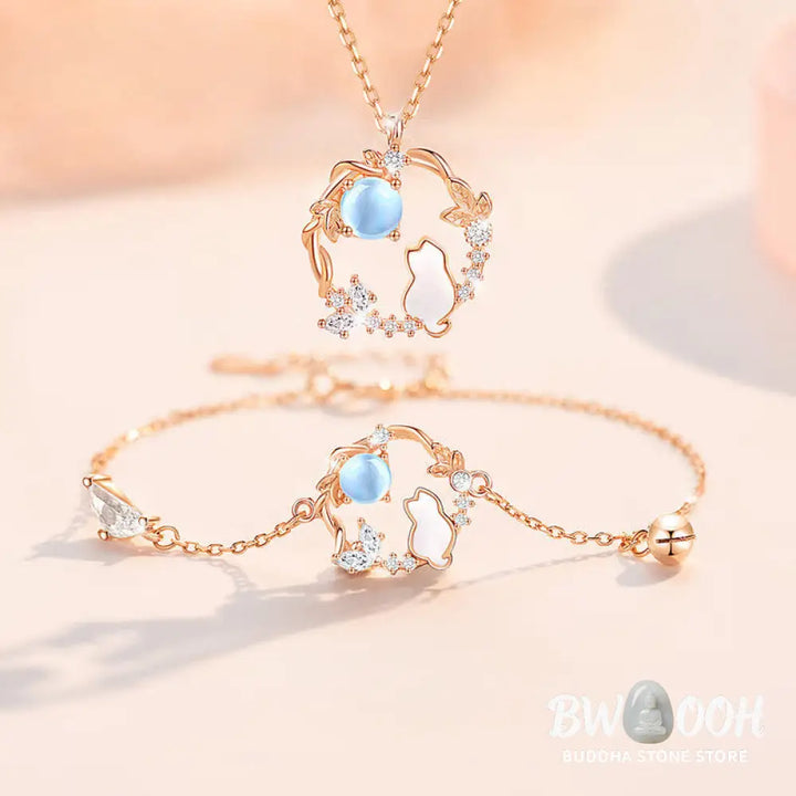 Buddha Stones 925 Sterling Silver Cat Flower Blessing Earrings Bracelet Necklace Pendant - BWOOOH - Bracelet Necklaces