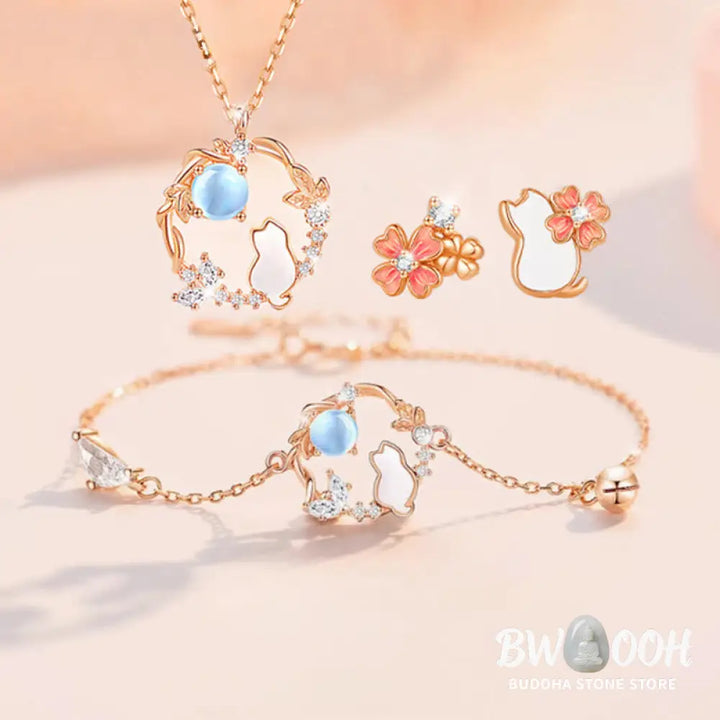 Buddha Stones 925 Sterling Silver Cat Flower Blessing Earrings Bracelet Necklace Pendant - BWOOOH - Bracelet Necklaces