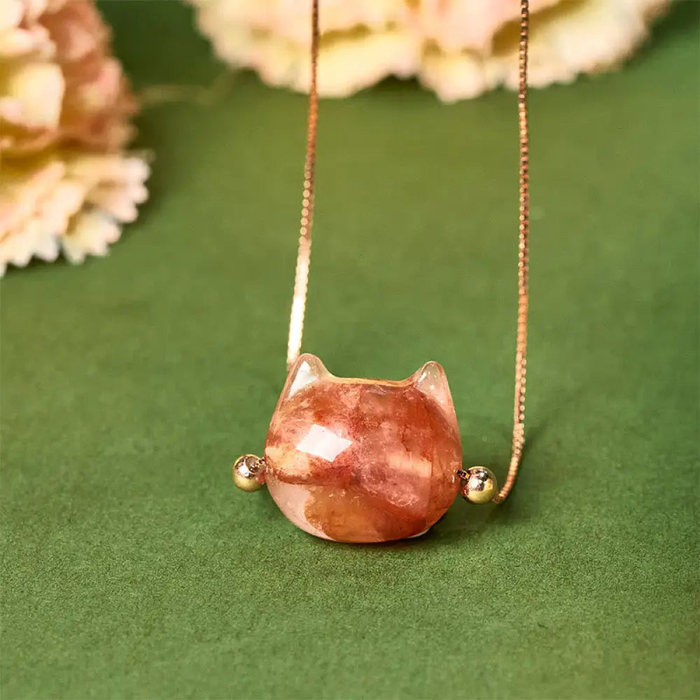 Buddha Stones 925 Sterling Silver Cat Head Natural Red Flower Quartz Protection Necklace Pendant - BWOOOH - Inclusion