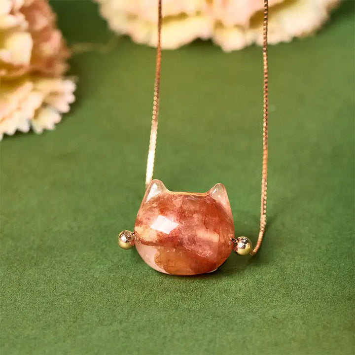 Buddha Stones 925 Sterling Silver Cat Head Natural Red Flower Quartz Protection Necklace Pendant - BWOOOH - Inclusion