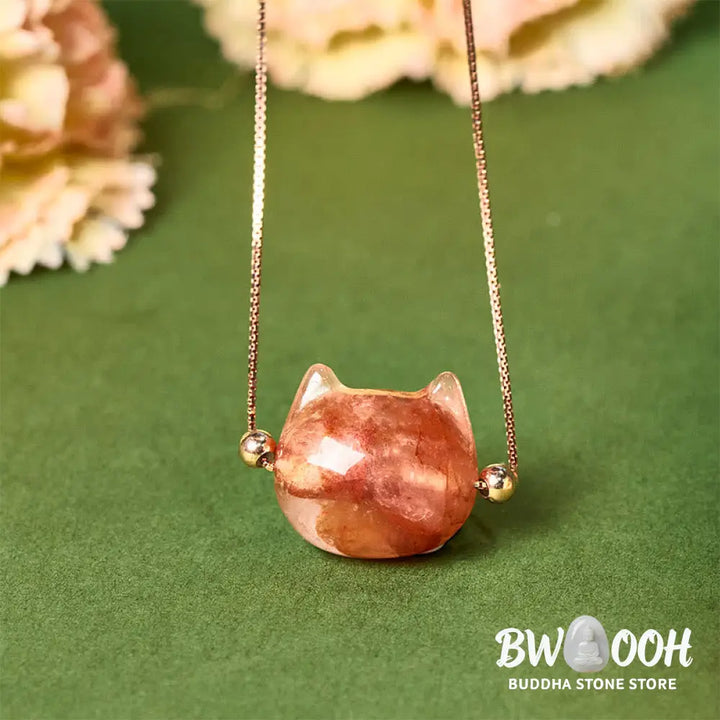 Buddha Stones 925 Sterling Silver Cat Head Natural Red Flower Quartz Protection Necklace Pendant - BWOOOH - Inclusion