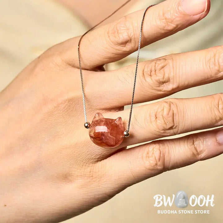 Buddha Stones 925 Sterling Silver Cat Head Natural Red Flower Quartz Protection Necklace Pendant - BWOOOH - Inclusion