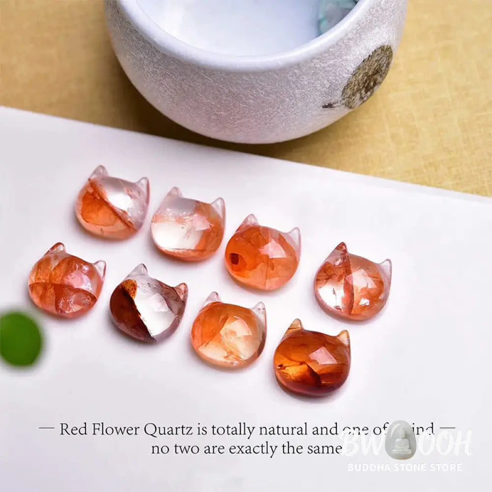 Buddha Stones 925 Sterling Silver Cat Head Natural Red Flower Quartz Protection Necklace Pendant - BWOOOH - Inclusion