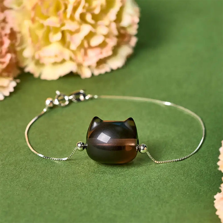 Buddha Stones 925 Sterling Silver Cat Natural Ice Obsidian Positive Bracelet - 15-17cm - Bracelet