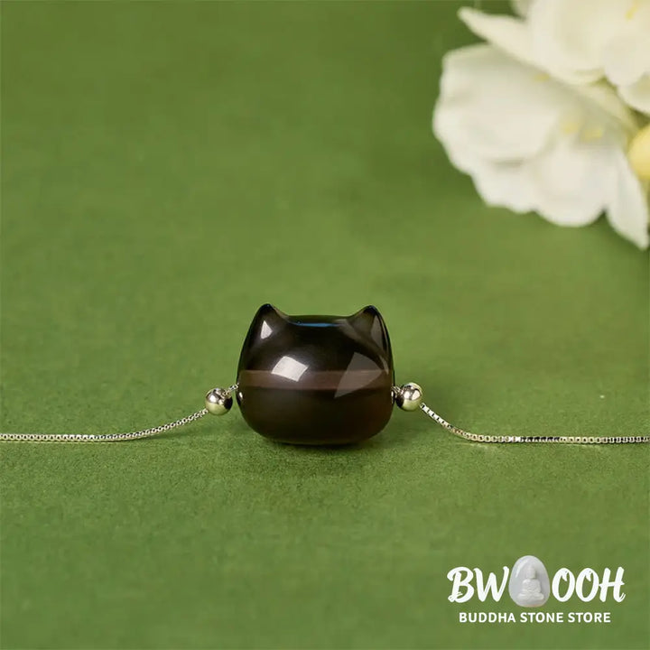 Buddha Stones 925 Sterling Silver Cat Natural Ice Obsidian Positive Bracelet - Bracelet