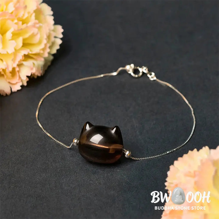 Buddha Stones 925 Sterling Silver Cat Natural Ice Obsidian Positive Bracelet - Bracelet