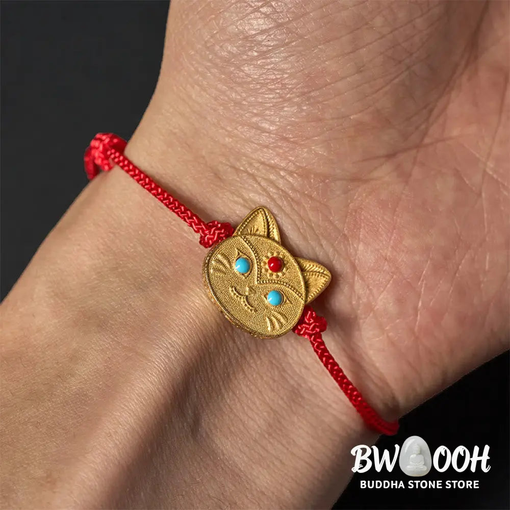 Buddha Stones 925 Sterling Silver Cat Red String Bracelet - 14-18cm - Bracelet
