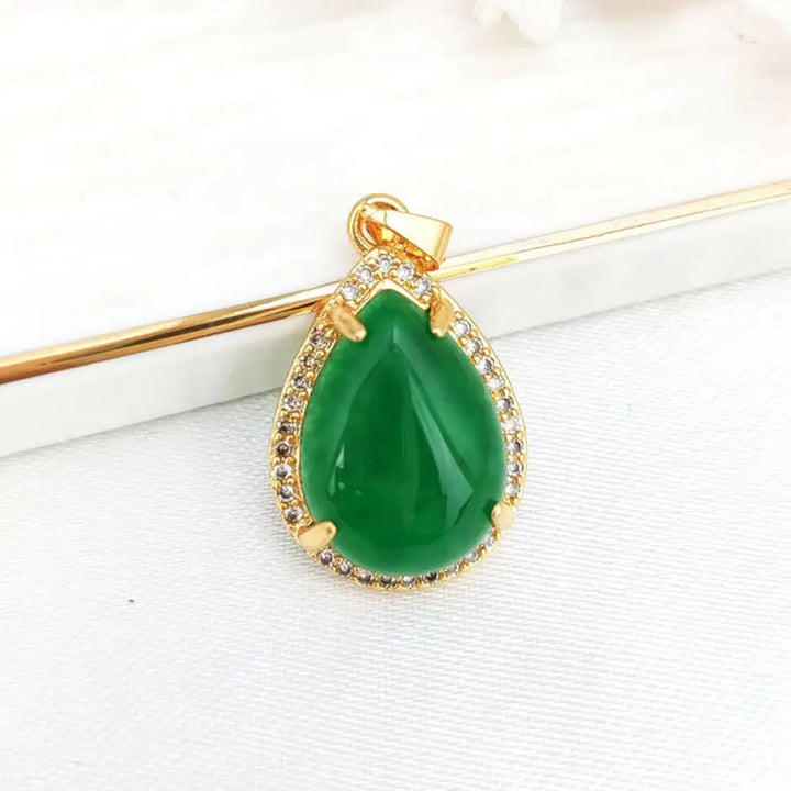 Buddha Stones 925 Sterling Silver Chain Retro Green Agate Copper Teardrop Luck Wealth Necklace Pendant - BWOOOH - Green