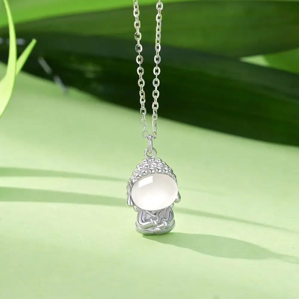 Buddha Stones 925 Sterling Silver Chalcedony Formless Buddha Positive Necklace Pendant - BWOOOH - White Gold