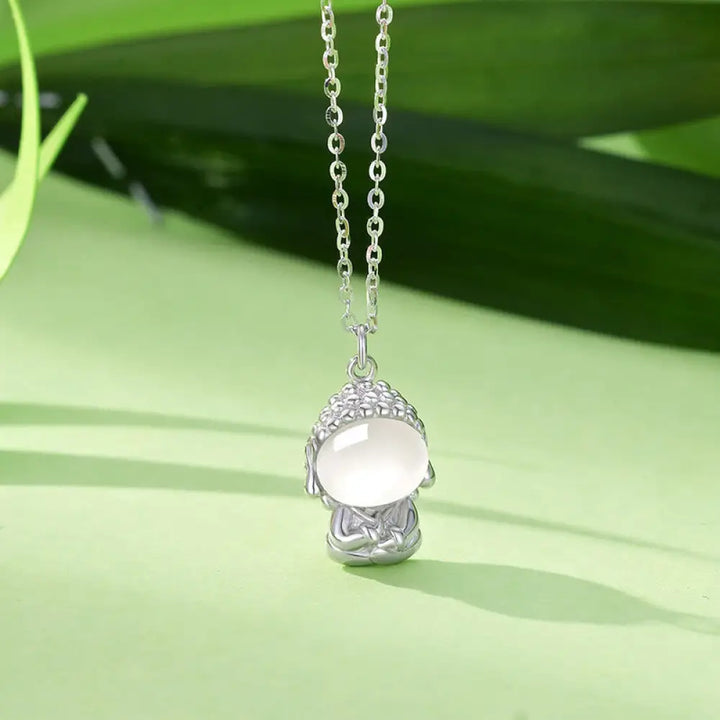 Buddha Stones 925 Sterling Silver Chalcedony Formless Buddha Positive Necklace Pendant - BWOOOH - White Gold