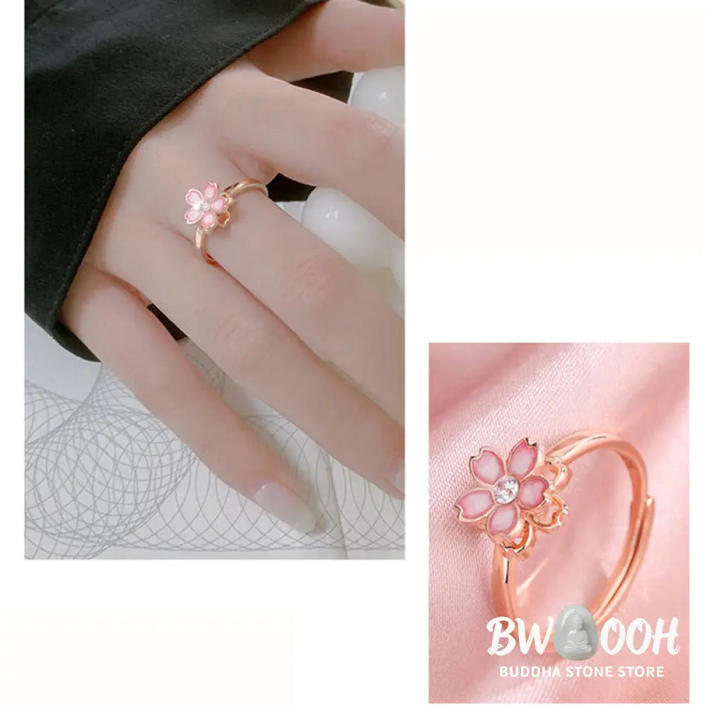 Buddha Stones 925 Sterling Silver Cherry Blossom Blessing Chain Bracelet Rotatable Ring - BWOOOH - Bracelet