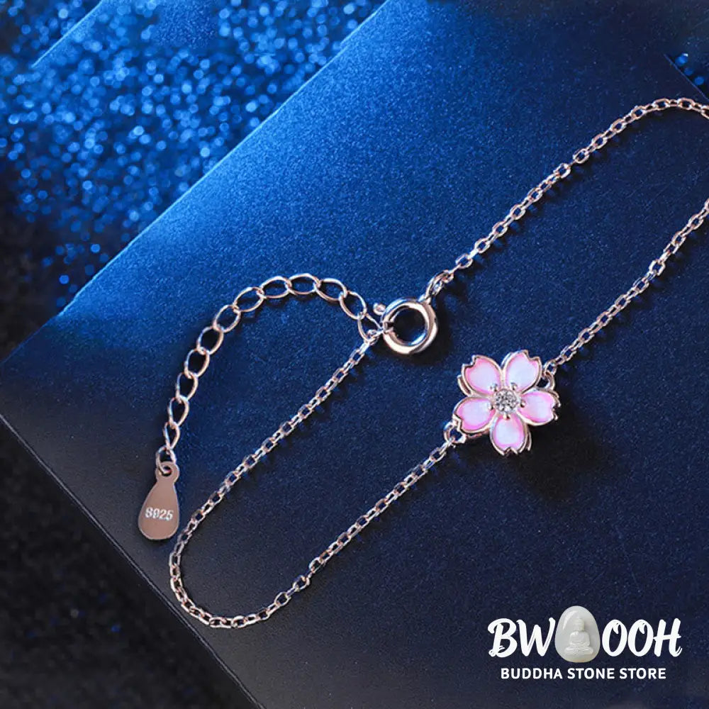 Buddha Stones 925 Sterling Silver Cherry Blossom Blessing Chain Bracelet Rotatable Ring - BWOOOH - Bracelet