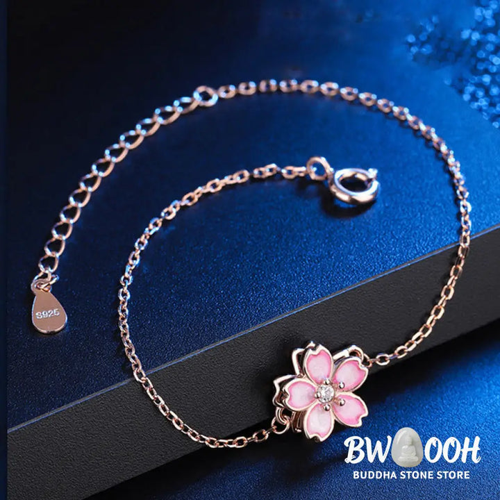 Buddha Stones 925 Sterling Silver Cherry Blossom Blessing Chain Bracelet Rotatable Ring - BWOOOH - Bracelet