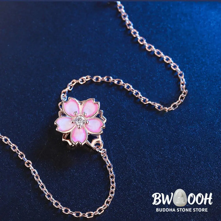 Buddha Stones 925 Sterling Silver Cherry Blossom Blessing Chain Bracelet Rotatable Ring - BWOOOH - Bracelet