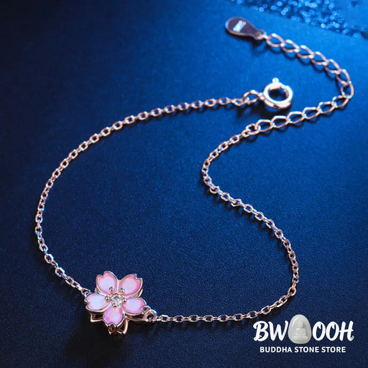 Buddha Stones 925 Sterling Silver Cherry Blossom Blessing Chain Bracelet Rotatable Ring - BWOOOH - Bracelet